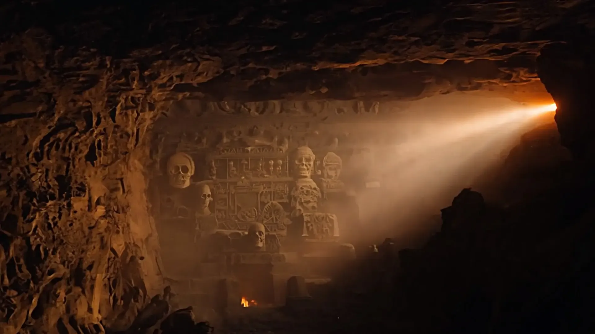 Ancient Skull Carvings in Mysterious Cave Background for Halloween Animation